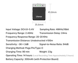 Ulanzi U-Mic Wireless Lavalier Microphone Dual-Channel Recording for Camera Android iOS Smartphone 20 hours Operating Time