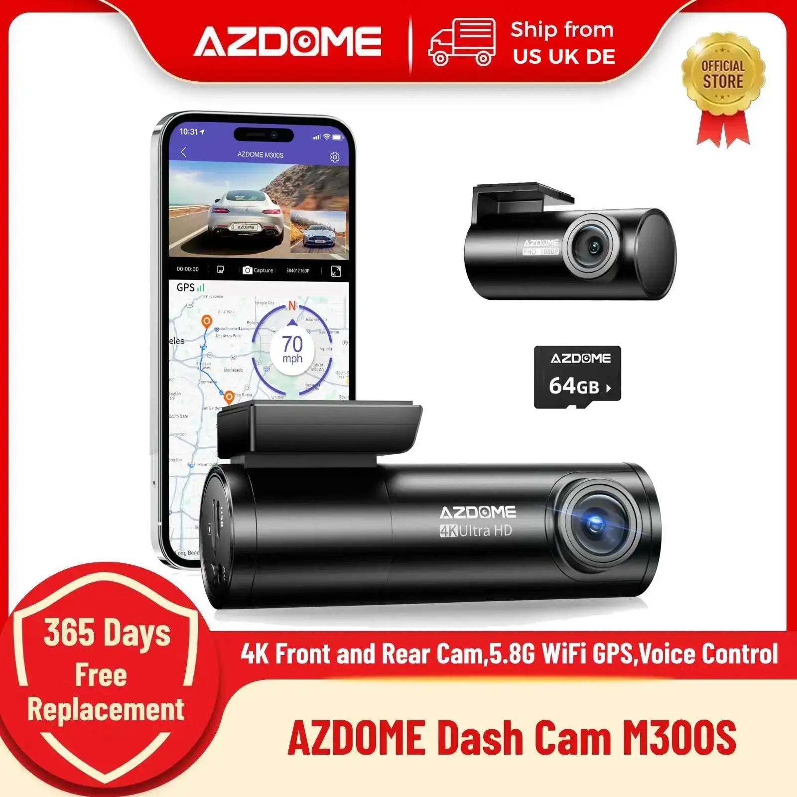 AZDOME M300S 4K Dash Cam Front and Rear, 5.8G WiFi GPS Dash Camera for Cars, Free 64GB SD Card, Voice Control, WDR Night Vision