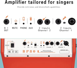 BP80 Battery Powered Acoustic Guitar Amplifier- Portable Bluetooth Speaker 100W, 6 Inputs,3 Band EQ,Orange