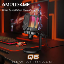 AmpliGame USB Gaming Microphone with RGB effect, Noise Cancelling Condenser Mic with Gain Knob,Tap-to-mute for Stream,Podcast-Q6